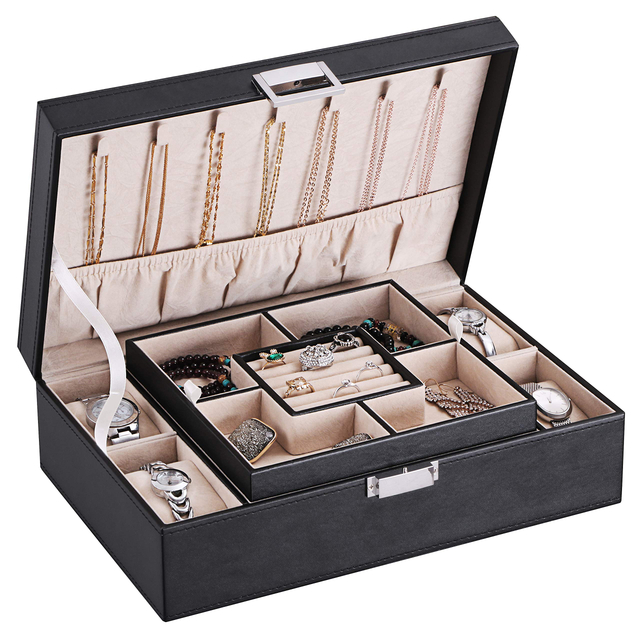 Wholesale Earring Ring Necklace Girls Gray Jewelry Organizer Box Velvet PU Leather Jewellery Storage Case With Lock 