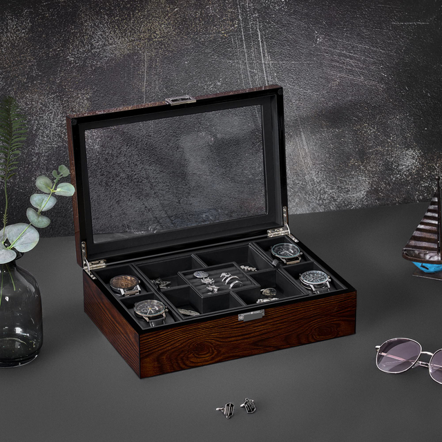 PU Leather Velvet Lining Men Watch Jewelry Organizer Storage Box with Removable Tray for Necklace Ring Bracelet 