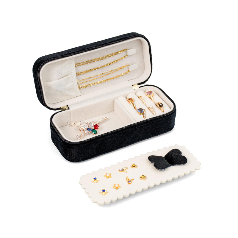 Custom Logo Velvet Earring Ring Necklace Bracelet Pendant Travel Jewelry Organizer Packaging Box with Zipper Wholesale 