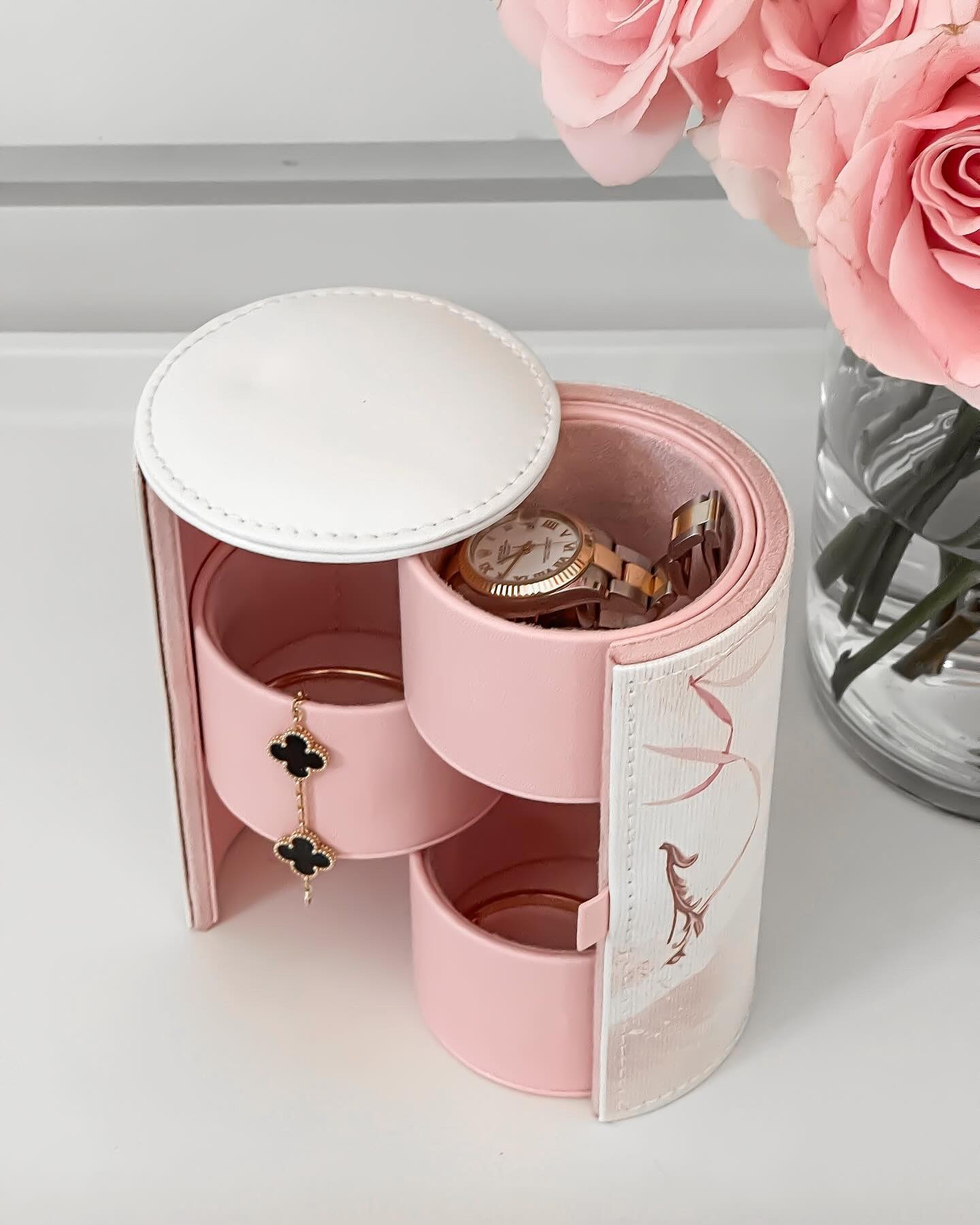 Double Open Watch Necklace Jewelry Box Package Luxury Cylinder Embossed Paper Leather Jewelry Earring Pendant Boxes Organizer 