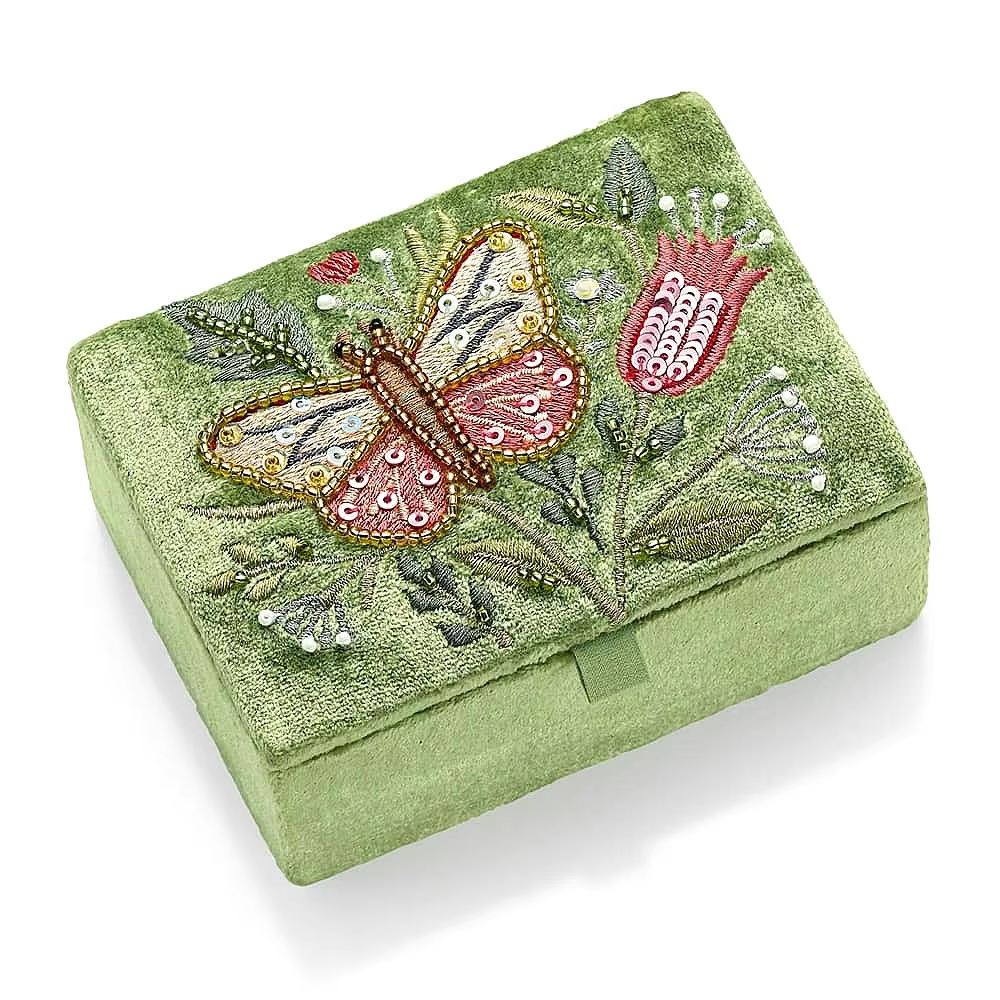Mini Portable Travel Embroidered Flower Jewelry Organizer Boxes with Mirror Green Velvet Necklace Pendant Jewelry Set Box