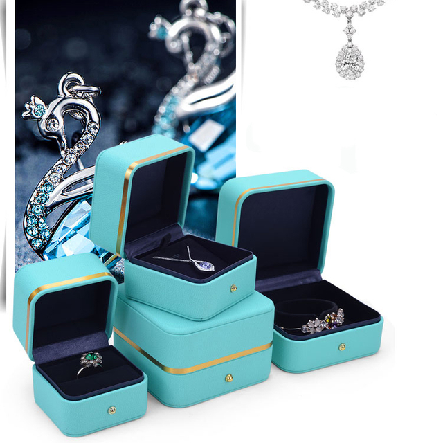 Gold edge pu leather jewelry ring gift box wedding necklace storage box watch jewelry packaging box with velvet foam insert
