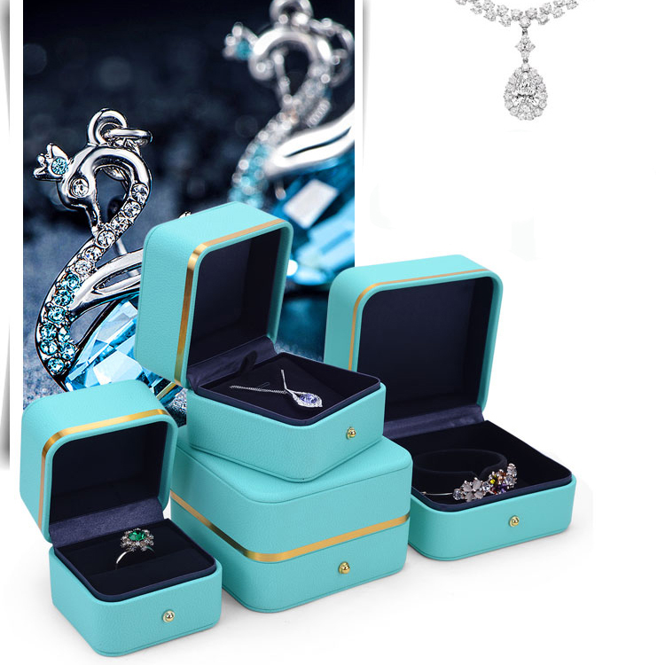 Gold edge pu leather jewelry ring gift box wedding necklace storage box watch jewelry packaging box with velvet foam insert