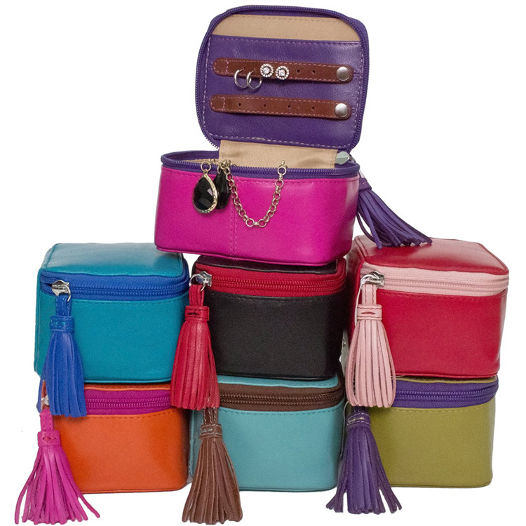 Square leather zip leather jewelry box women storage travel case luxury jewelry organizer travel jewellery boxes