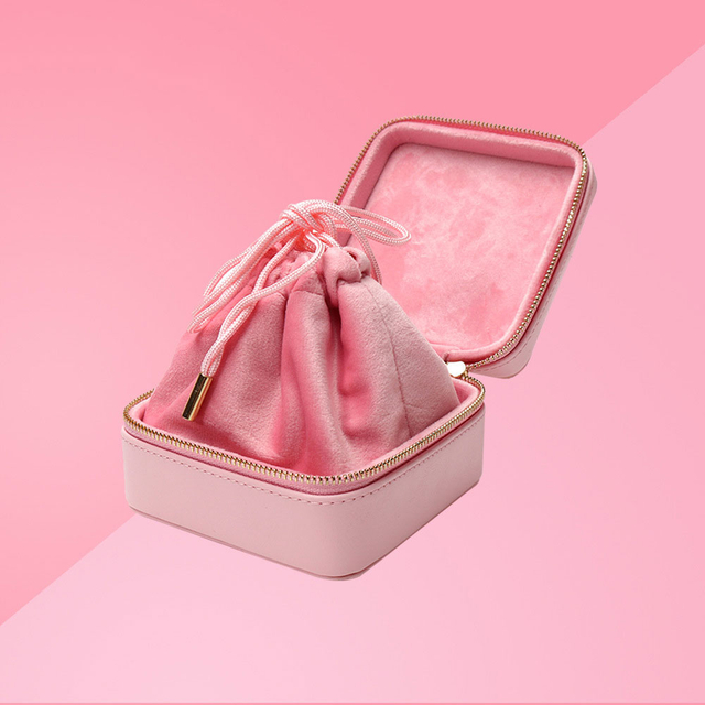 Custom Portable Zipper Pink PU Leather Jewelry Case Earrings Necklace Velvet Jewellery Storage Box With Drawstring Bag