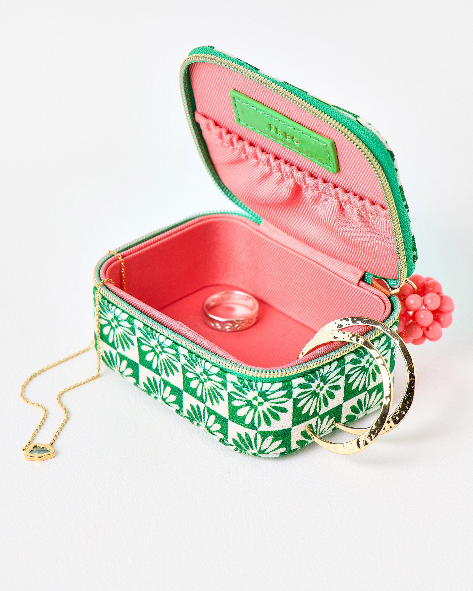 Portable Green Premium Jewelry Box Beaded Elasticated Pouch Pink Toggle Pink Fabric Customizable for Earring Bracelet Packaging