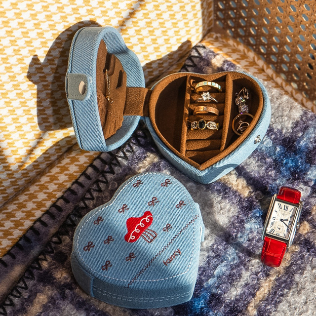 Cute Mushroom Embroidered Jewelry Packaging Box with Logo Heart Denim Jewelry Storage Box Earring Ring Necklace Jewelry Box