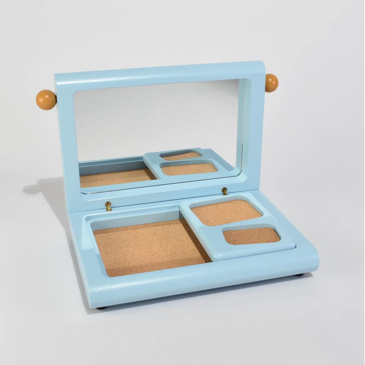 Personalized Blue Mirror with Jewelry Packing Box Wood Earring Ring Necklace Jewelry Storage Box with Mini Detachable Trays