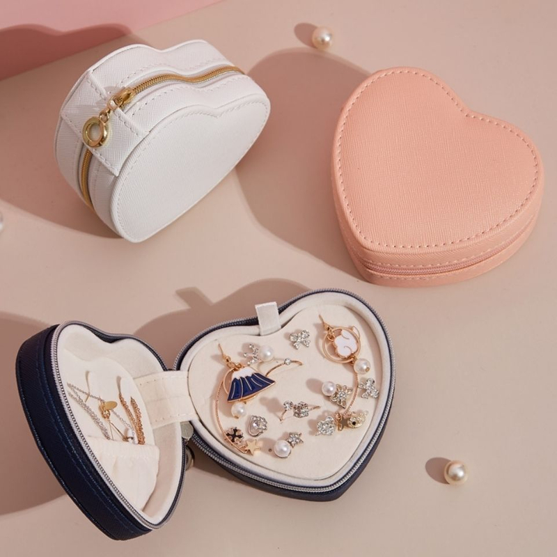 New Small Portable Heart Shaped Pu Leather Zipper Earrings Ring Jewelry Travel Storage Box for Valentine's Day Gift