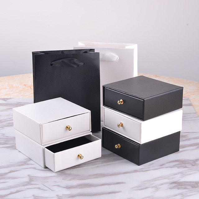 Luxury Black Leather Paper Drawer Jewelry Box Ring Necklace Bracelet Box Custom Printed Logo