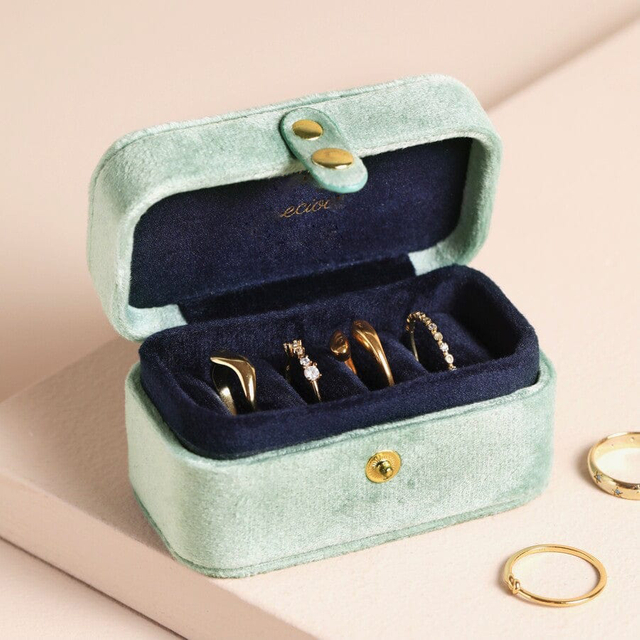 Soft Light Blue Travel Ring Box Mini Portable Jewelry Box Ring Custom Logo Wedding Embroidery Necklace Earrings Boxes with Snap