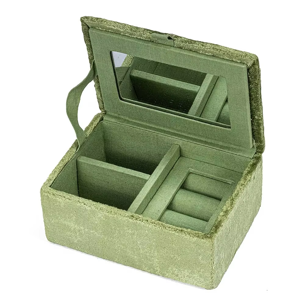 Mini Portable Travel Embroidered Flower Jewelry Organizer Boxes with Mirror Green Velvet Necklace Pendant Jewelry Set Box