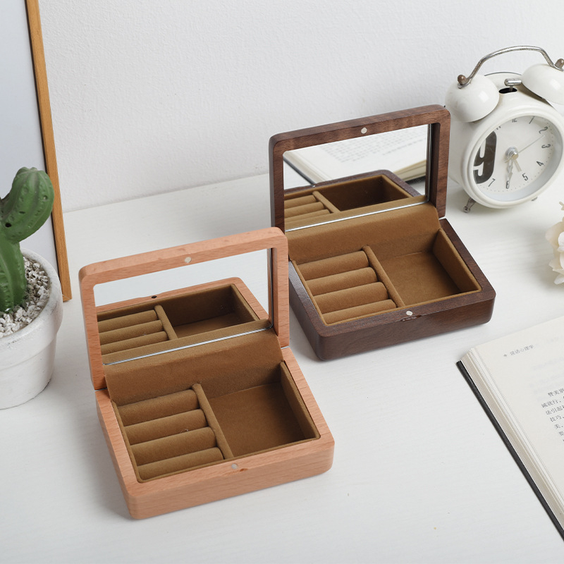 Rectangular Small Mini Wood Case Mirror Velvet Jewelry Packaging Storage Ring Necklace Bracelet Gift Box with Mirror