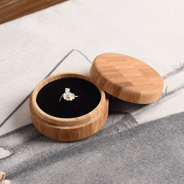 Custom Logo Box Packaging Luxury Double retro mini Round Velvet Jewelry Wedding Anniversary Wooden Ring Box