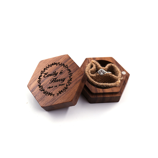 Wood Proposal hexagonal wooden box ​Walnut Wood Mini Portable Jewelry Wedding Ring Wooden Boxe