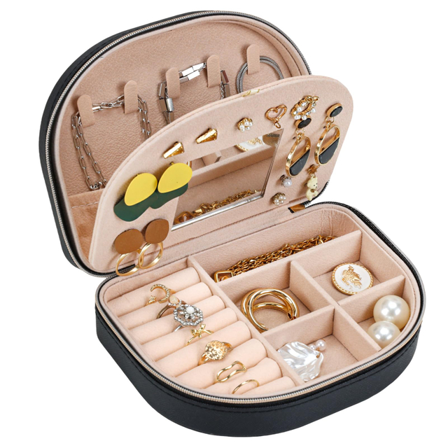 Wholesale Jewelry Case Double-Layer Portable Earrings Lipstick Watch Storage Black Jewelry Box with Mirror 