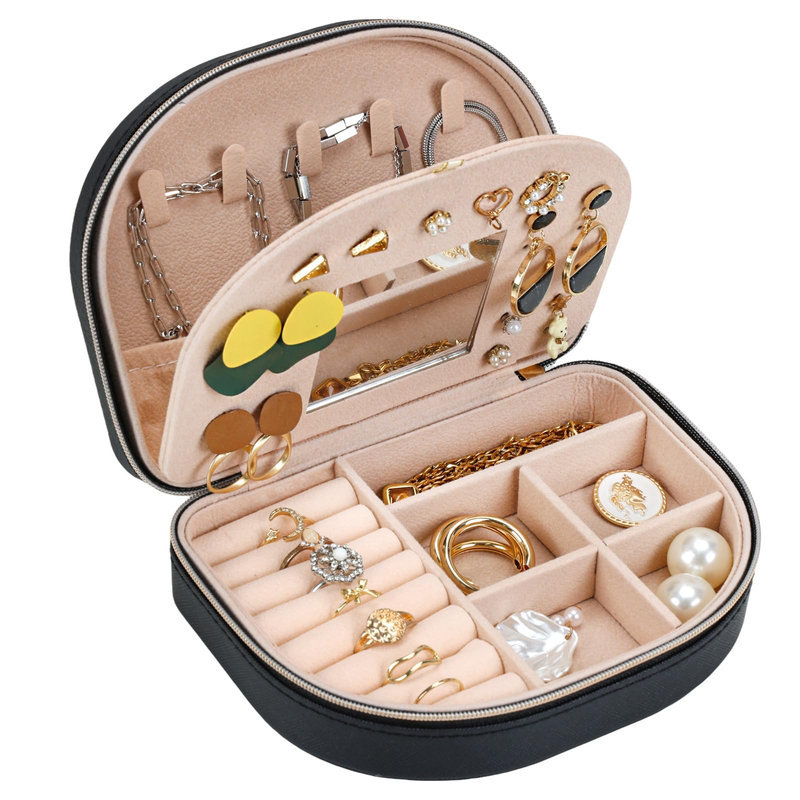 Wholesale Jewelry Case Double-Layer Portable Earrings Lipstick Watch Storage Black Jewelry Box with Mirror 