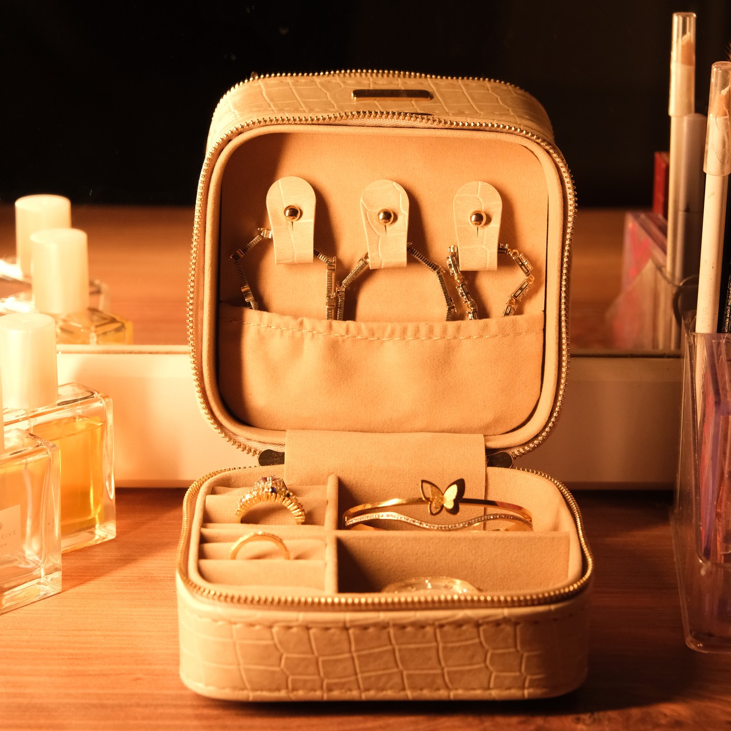 Travel Zipper Jewelry Box Packaging Custom Pu Leather Velvet Earring Ring Organizer Box Alligator Pink Watch Bracelet Boxes