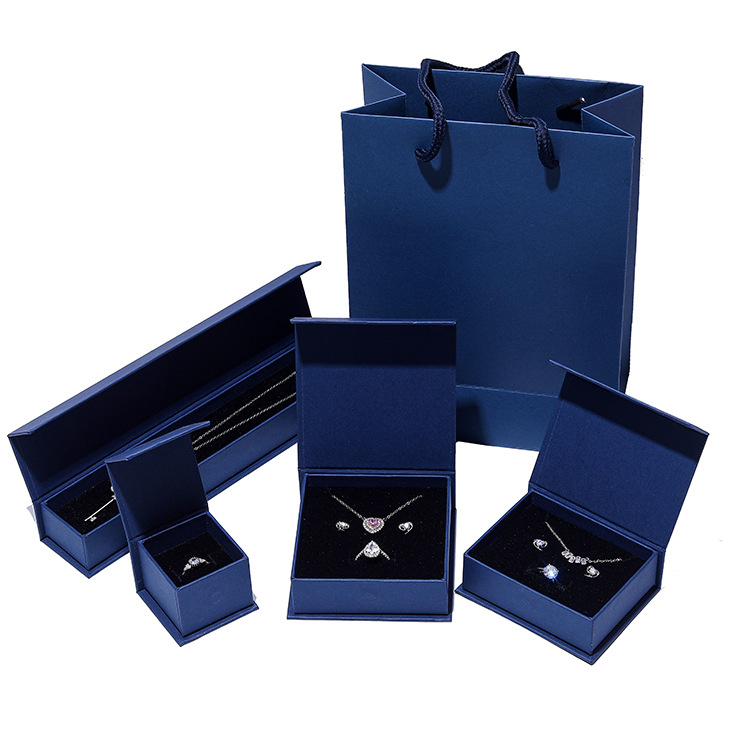 Custom Dark Blue Flip Paper Stud Earrings Bracelet Necklace Ring Jewelry Packaging Box Factory Wholesale
