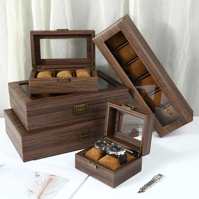 High Grade Black Walnut Wood 10 Slots Watch Display Box Flip Wooden Jewelry Storage Organizer Box with Lock And Glass Window