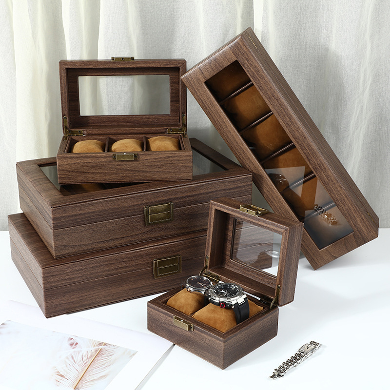 High Grade Black Walnut Wood 10 Slots Watch Display Box Flip Wooden Jewelry Storage Organizer Box with Lock And Glass Window