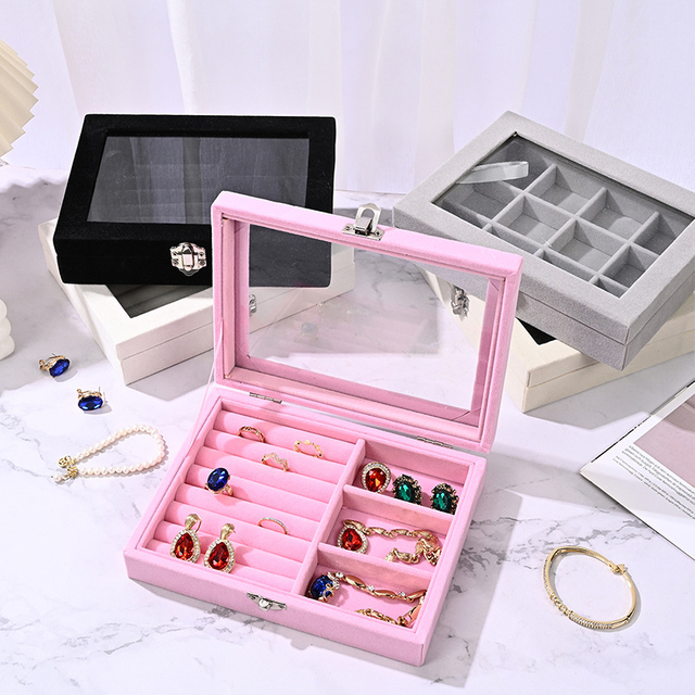 Simple Single Layer Velvet Jewelry Necklace Ring Earring Storage Display Box Wholesale with Glass Window and Divider