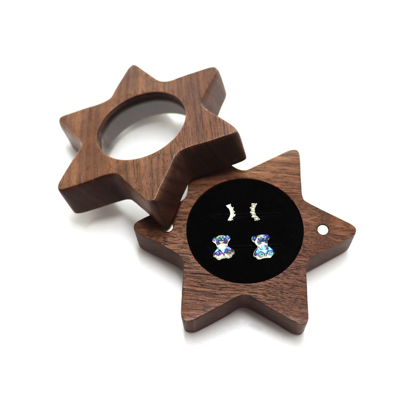 Exquisite Small Black Walnut Hexagon Star Stud Earrings Proposal Ring Jewelry Packaging Box with Clear Window
