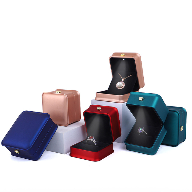 Custom Logo Small LED Light PU Leather Ring Necklace Pendant Jewelry Storage Packaging Box Wholesale